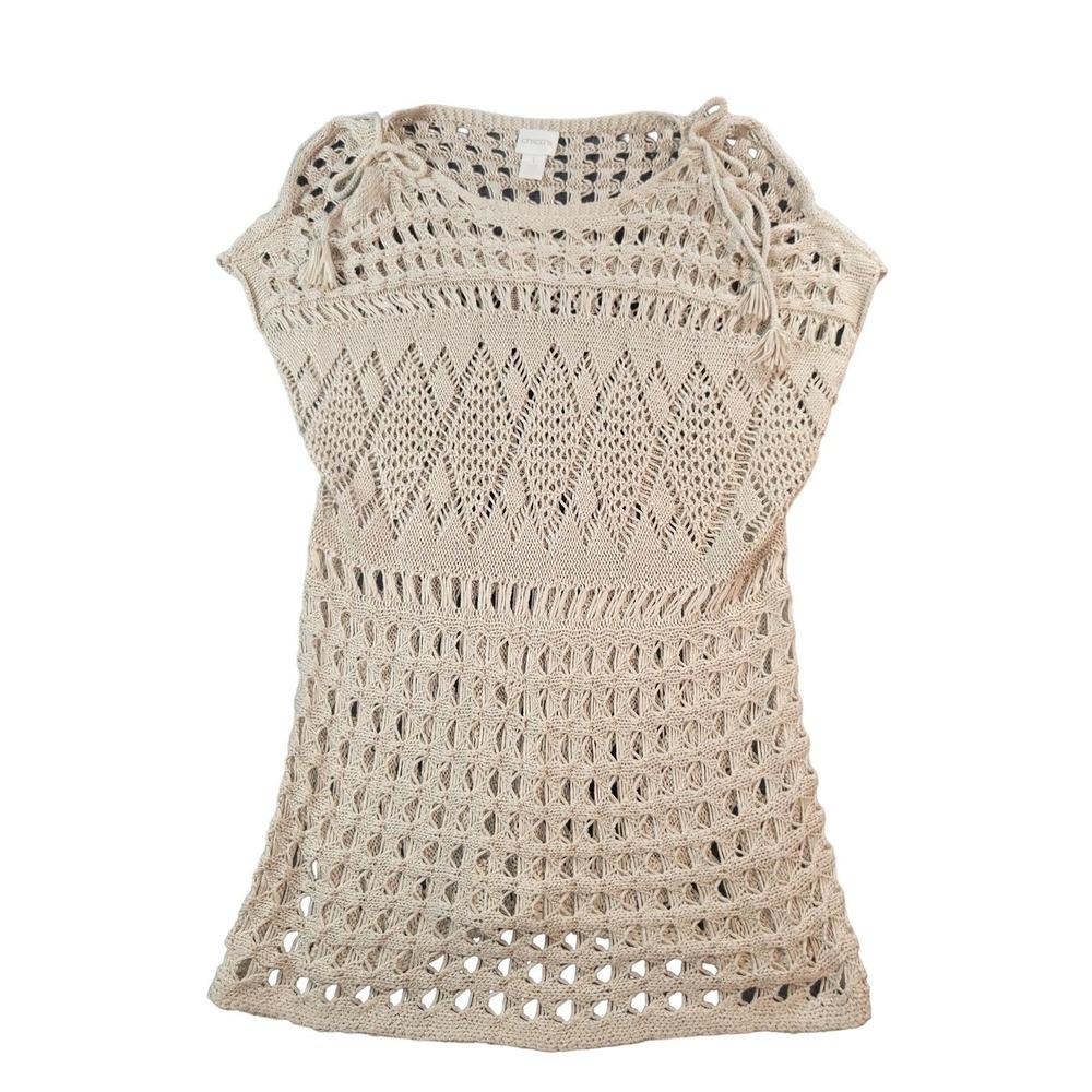 Chico's Open Knit Sweater Sz 1 Cold Shoulder Tassel Boho Hipster Summer Top Boho